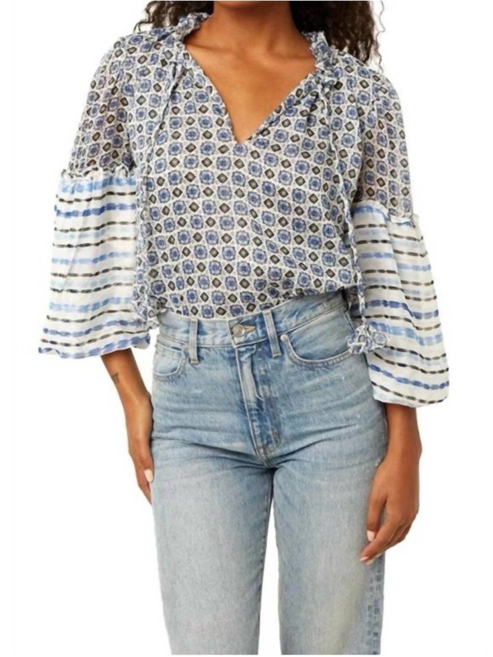 MISA Los Angeles Renata Blouse Blue Scorpios Print Chiffon Balloon Sleeve S NWT